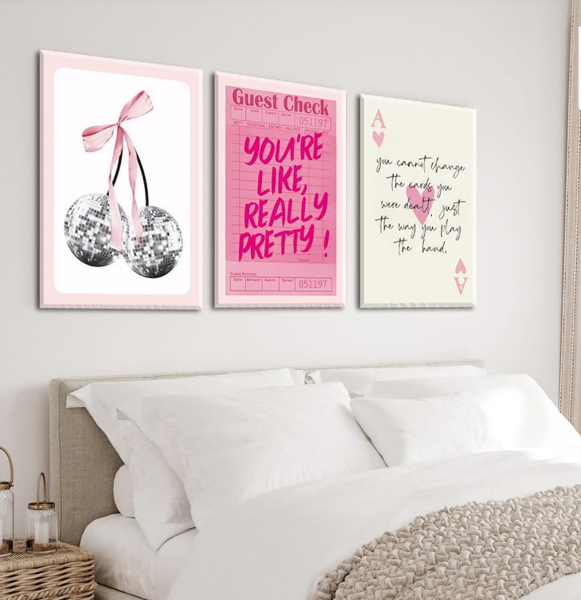 Pink Preppy Wall Art Framed Set of 3 Trendy Coquette Disco Cherry Posters Ret...