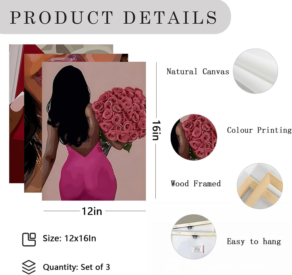 Pink Fashion Black Woman Canvas Wall Art Set of 3 African American Girl Wall ...