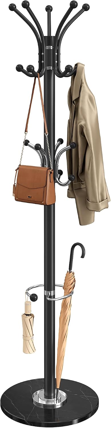 SONGMICS Freestanding Coat Rack, Marble Base, 18 Hooks, Umbrella Holder