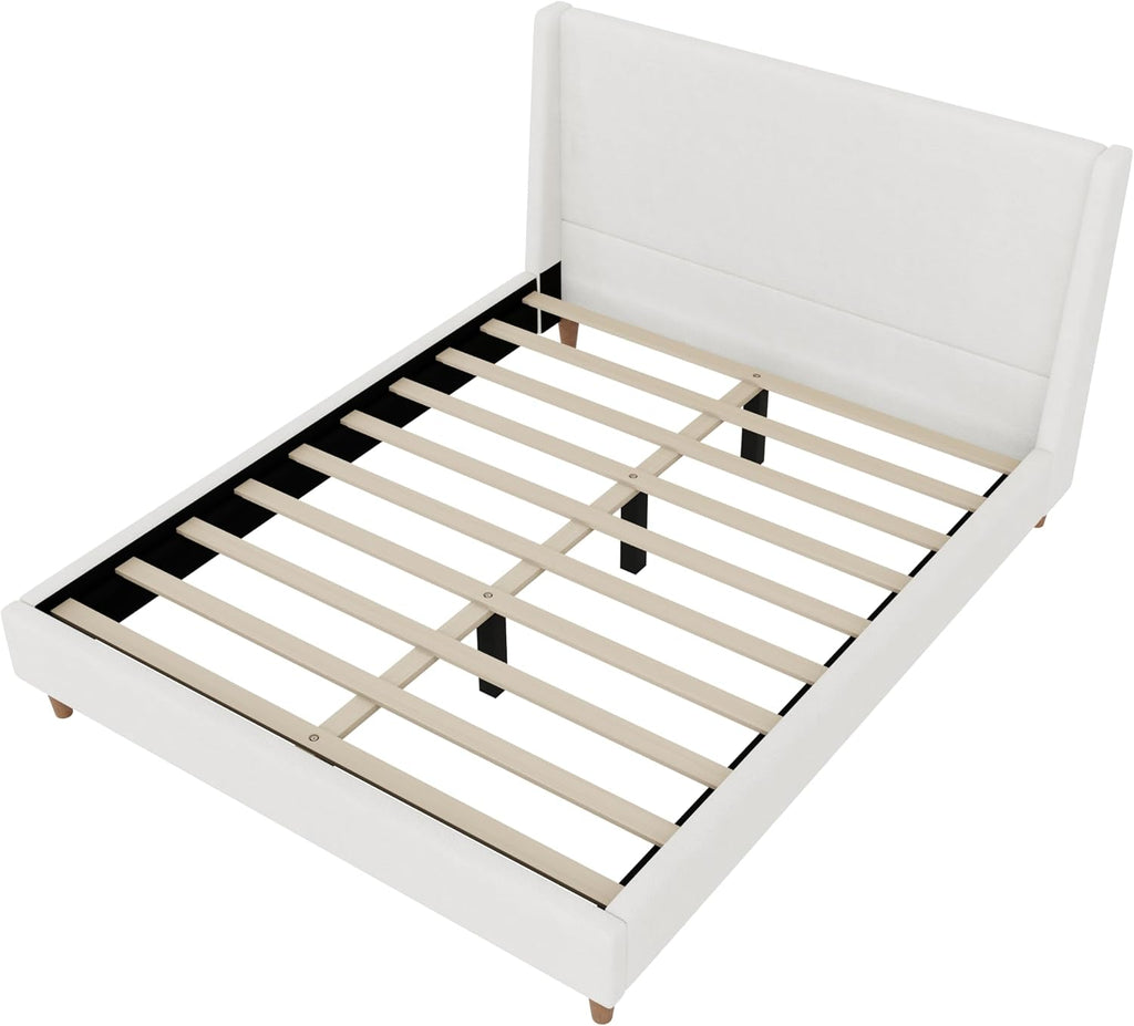 Modern Boucle Upholstered Platform Bed, with Wingback Headboard and Walnut Wooden Legs, No Box Spring Needed, Queen Size, White