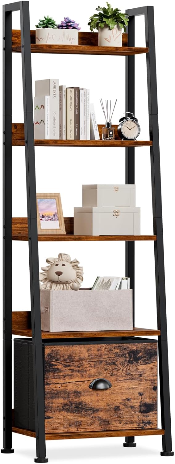 Furologee Ladder Shelf, 5 Tier Bookshelf with Fabric Drawer, Rustic Brown