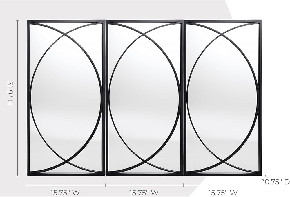 3 Pieces Black Rectangular Wall Mirror Set for Home Decor