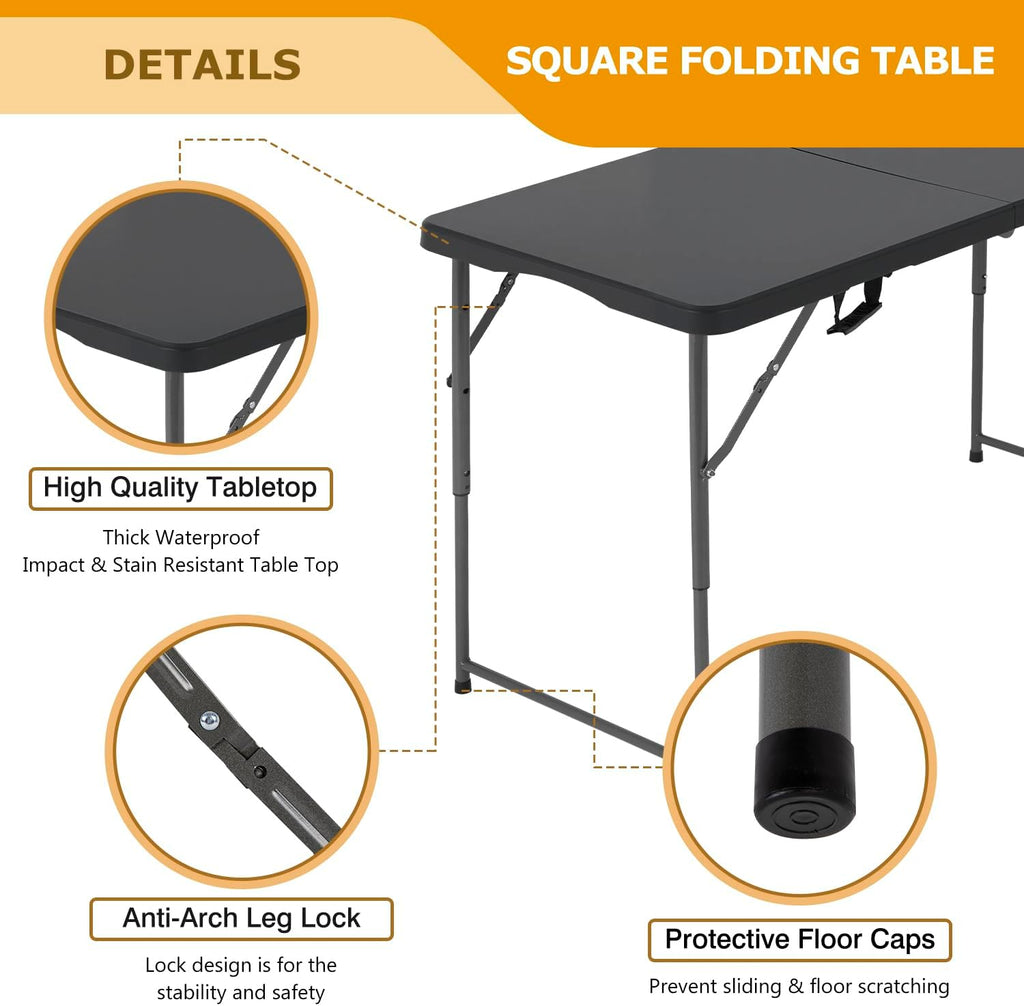 FDW | 4FT Folding Table | Black | Portable Plastic Table
