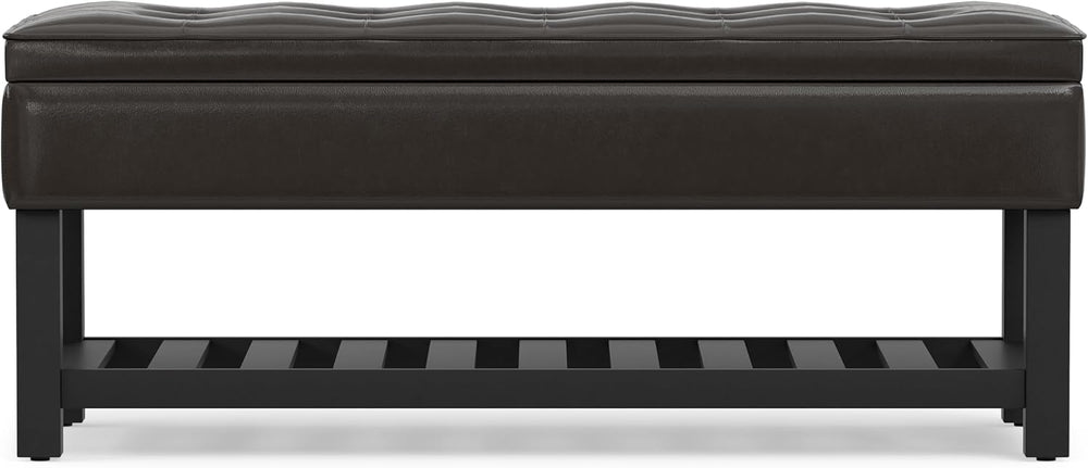 SIMPLIHOME Cosmopolitan 44" Wide Vegan Leather Storage Ottoman in Brown