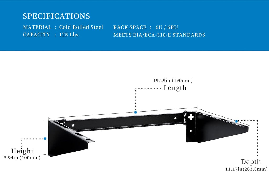 RackPath 6U Vertical Wall Mount Rack - Heavy Duty 125lbs Capacity Vertical Mounting Bracket (6U)