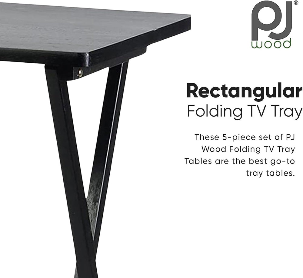 PJ Wood - Folding TV Tray Table Set - 5-Piece with Rack, Black