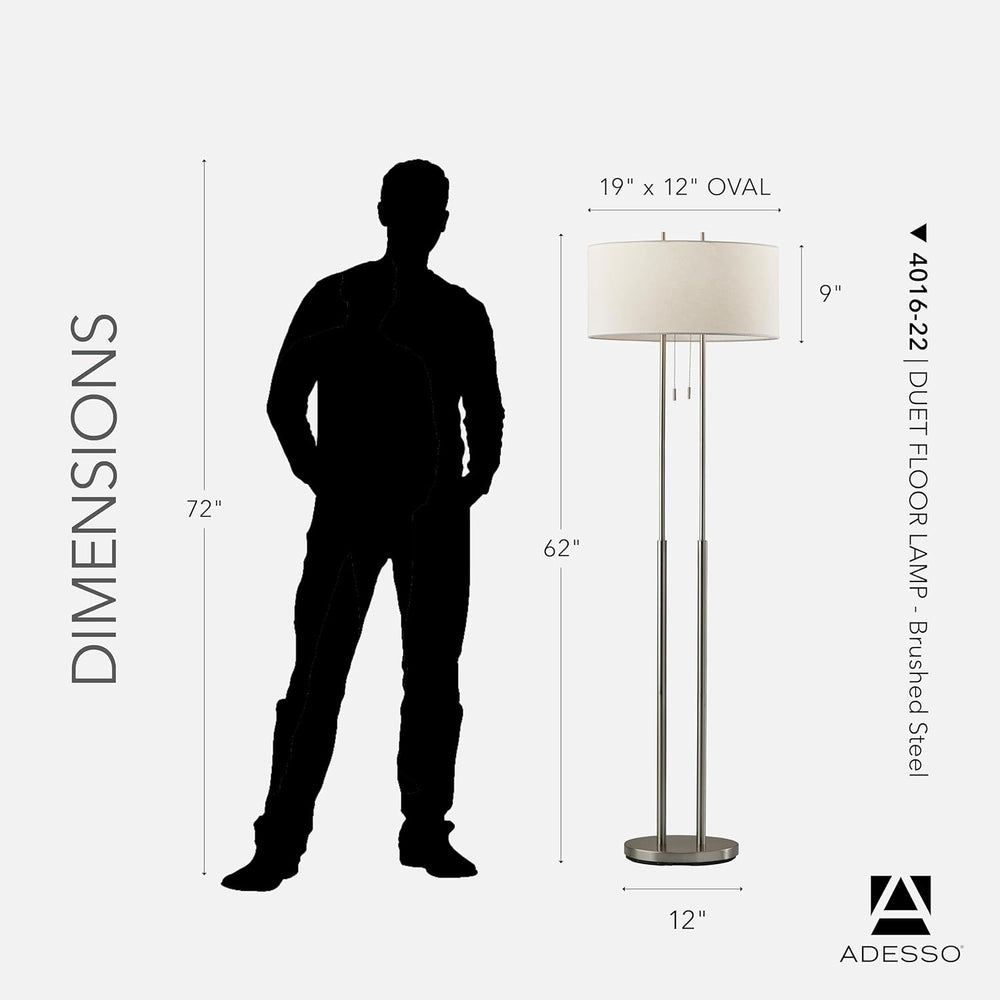 Adesso 2-Light Floor Lamp, Brushed Steel & Ivory, Dual Pull Chains, 62”