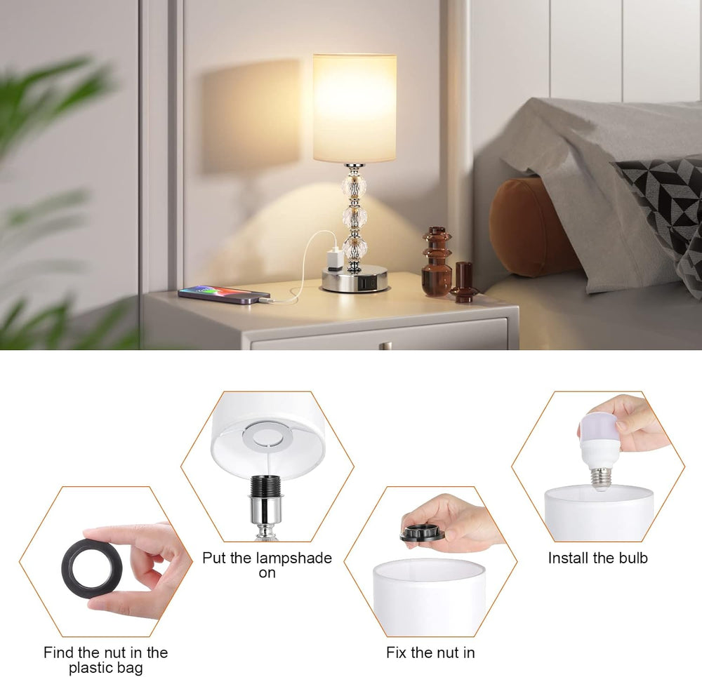 Crystal Touch Lamps for Nightstand, 3 Way Dimmable with Charging Station