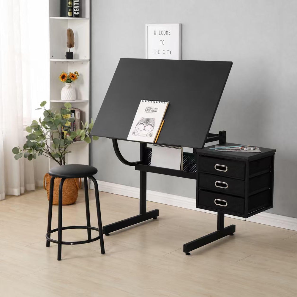 Adjustable Drawing Table with 3 Drawers & Stool, for Art & Work