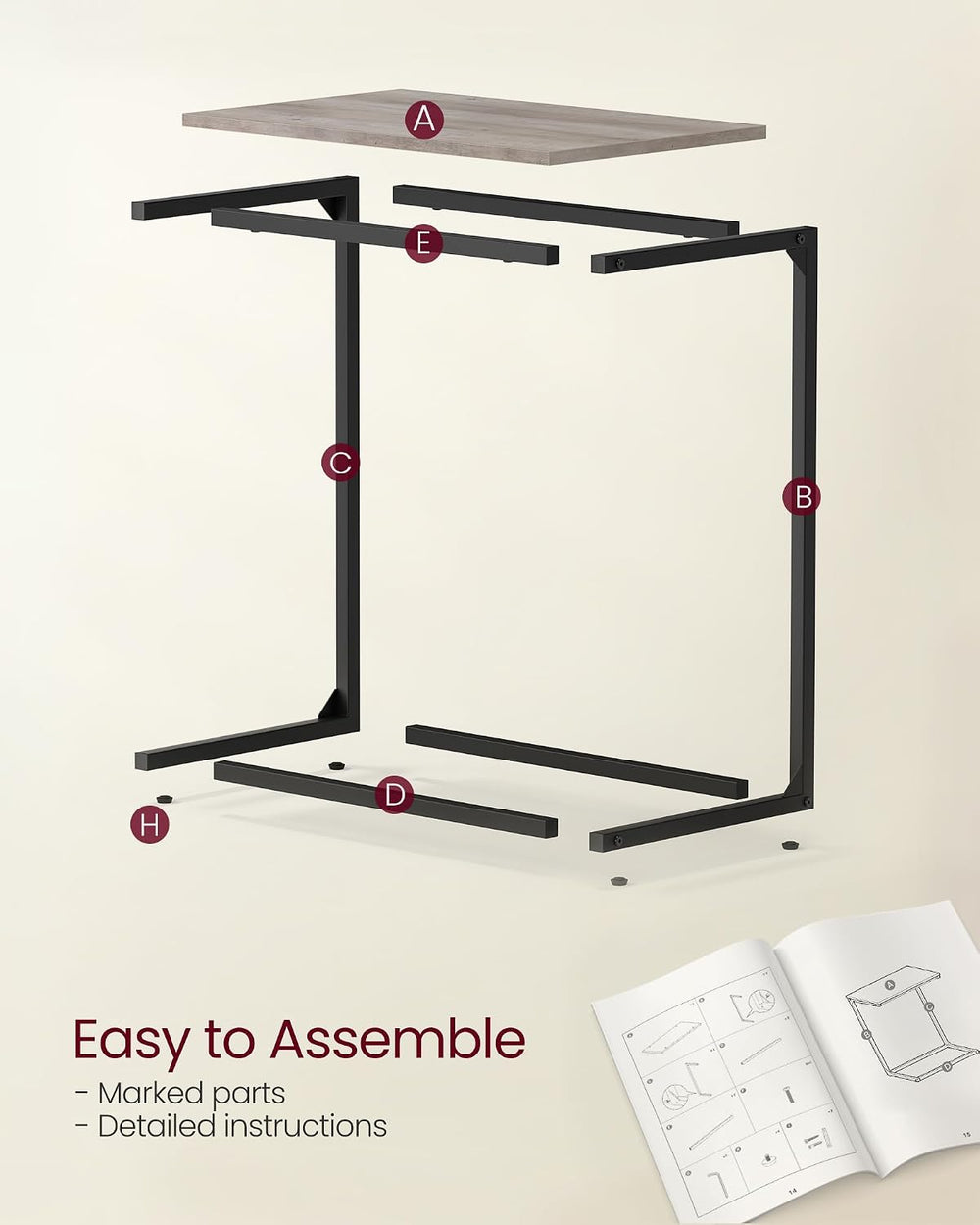 VASAGLE C Shape End Table for Couch or Sofa, Industrial Small Side Table