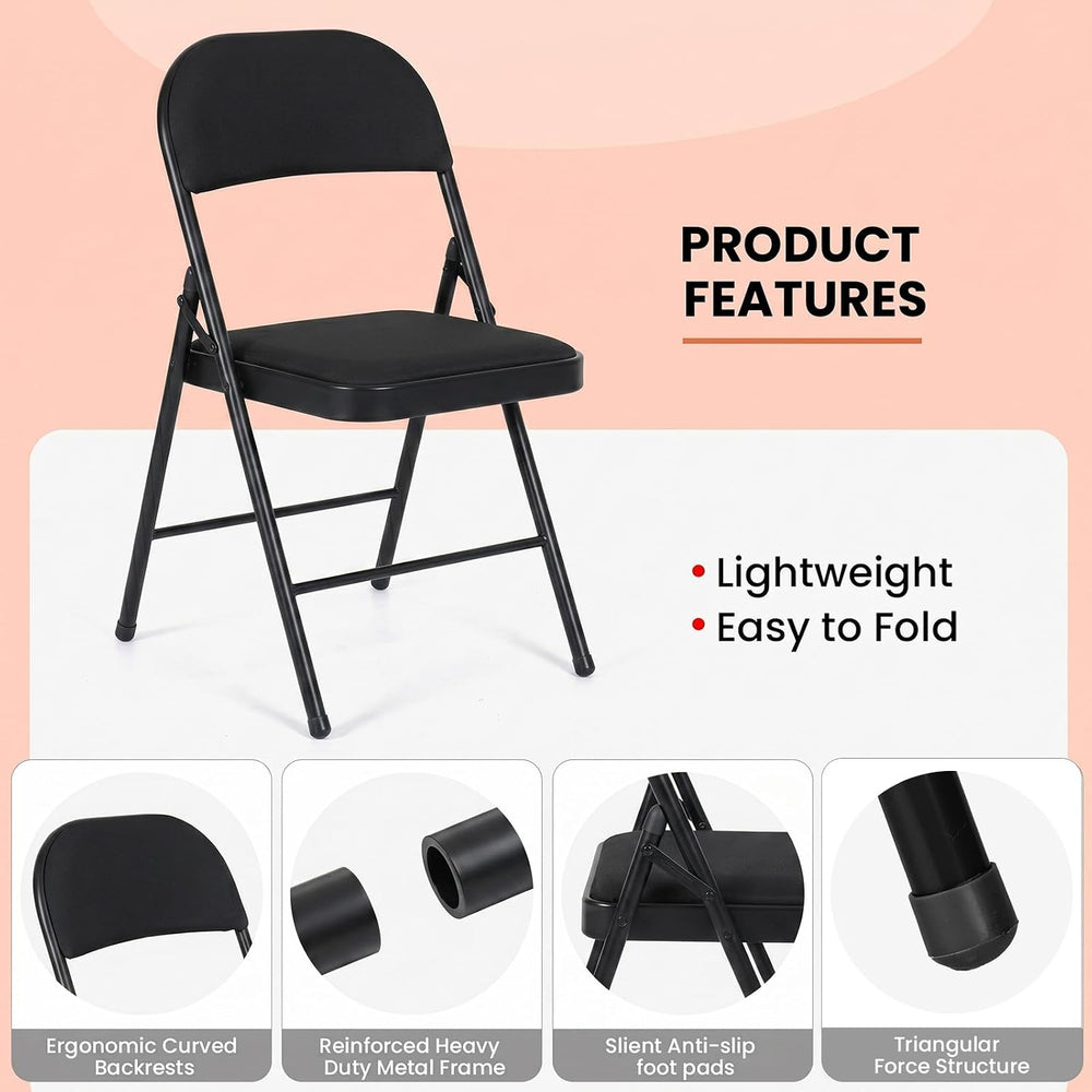 4 Pack Black Padded Folding Chairs with Cushion and Back