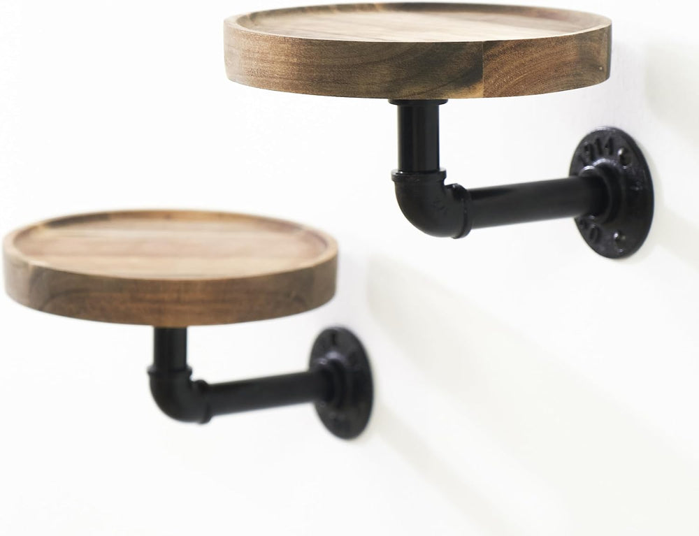 Round Wooden Floating Shelves Wall Mounted (Set of 2). Made of Acacia Wood. I...