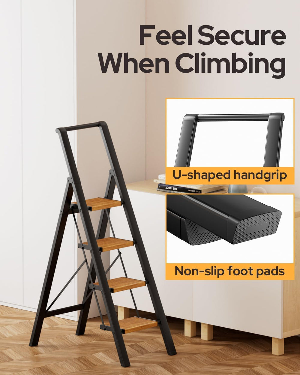 4 Step Ladder, Foldable 4 Step Stool, Black & Woodgrain