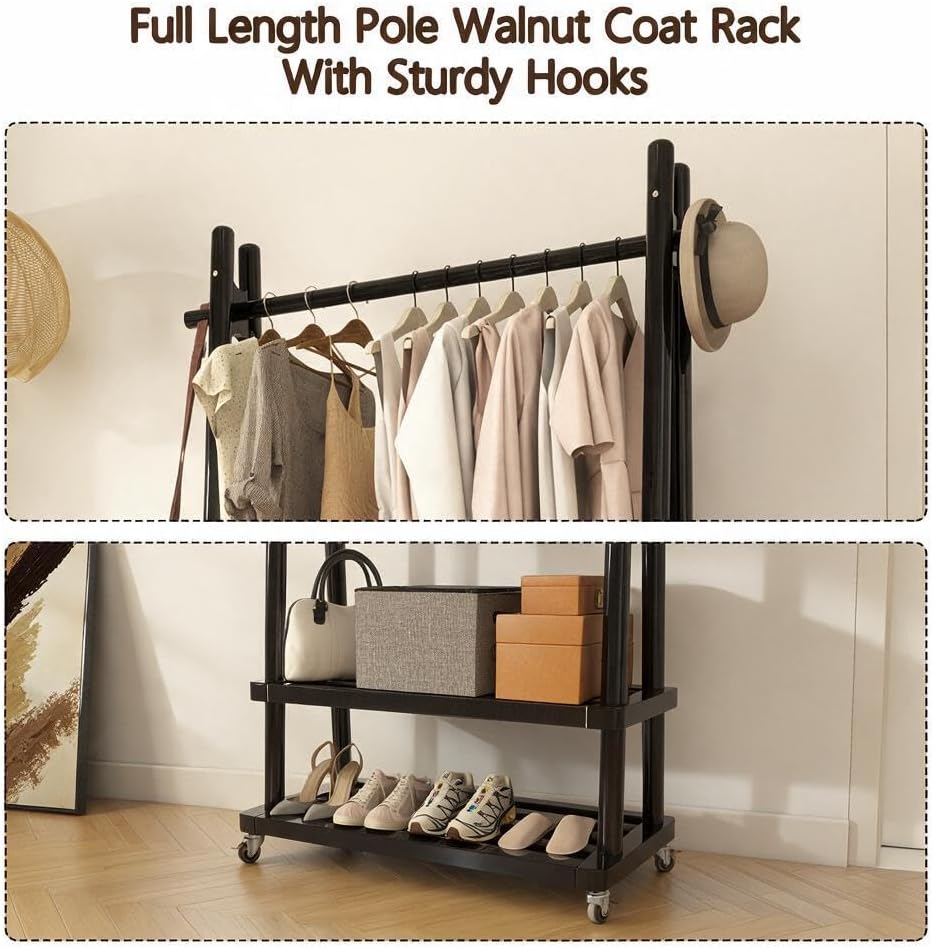 Solid Wood Clothing Rack with Wheels, Garment Rack Shelves, 31.5"W BLACK