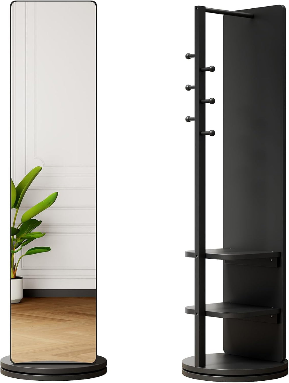66" 360° Rotating Full Length Mirror with Hooks & Storage Coat Rack
