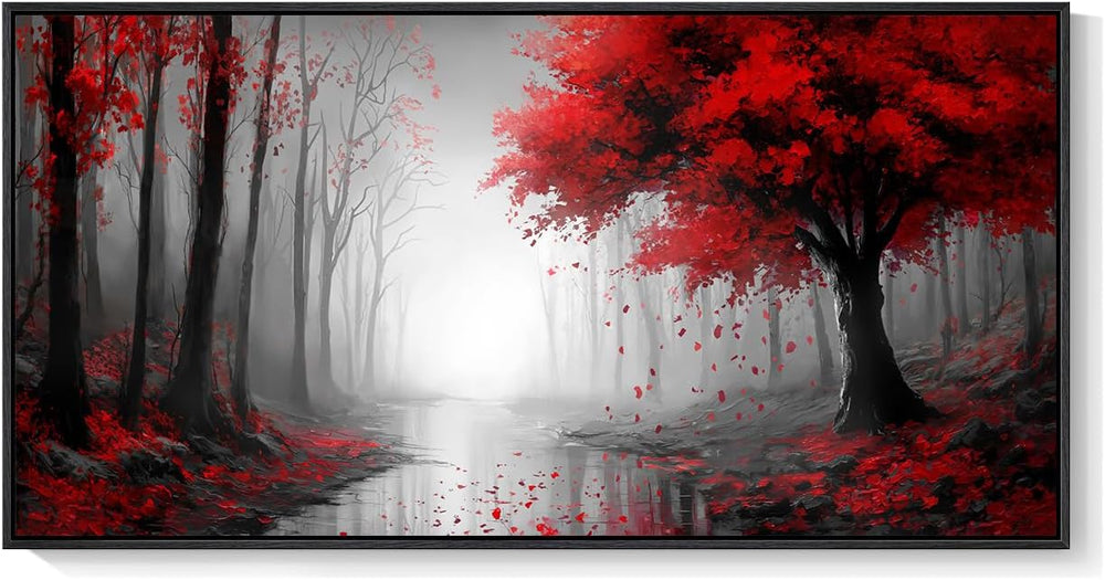 Framed Red Misty Forest Landscape Wall Art for Living Room, 60x30 Inch