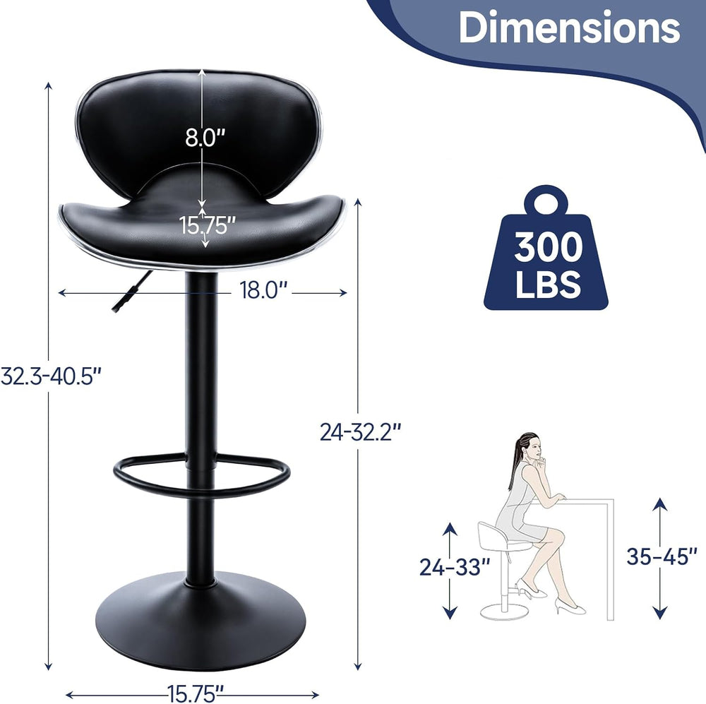Bar Stools Set of 2 Adjustable Swivel PU Leather Black, Matte Black Base