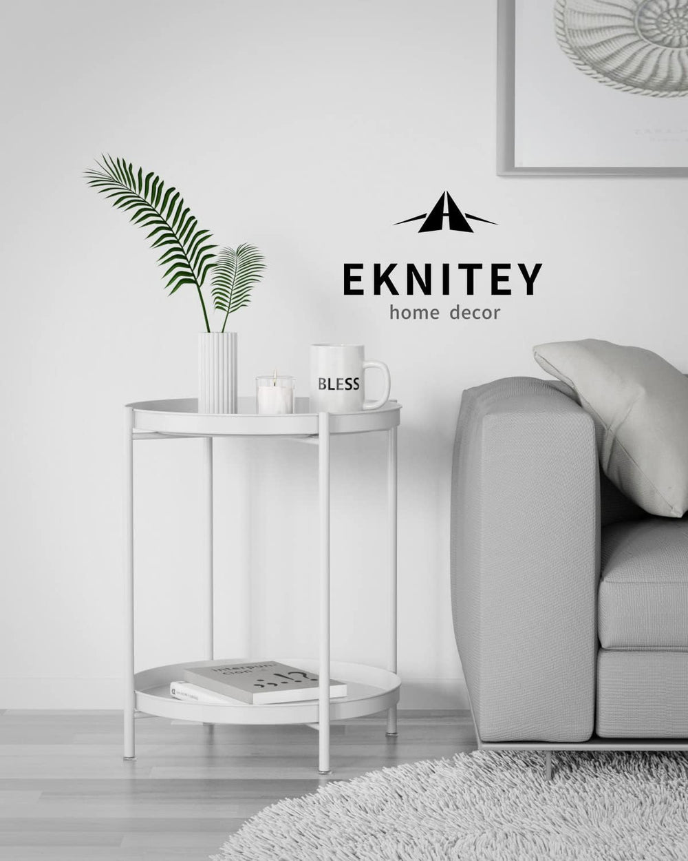 EKNITEY 2 Tier End Table - Metal Side Table with Removable Tray (White)