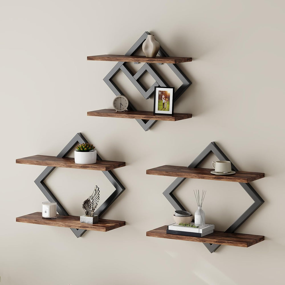 2-Tier Floating Shelves on Wall, 3-Piece Set, Wooden Wall Shelf, Brown