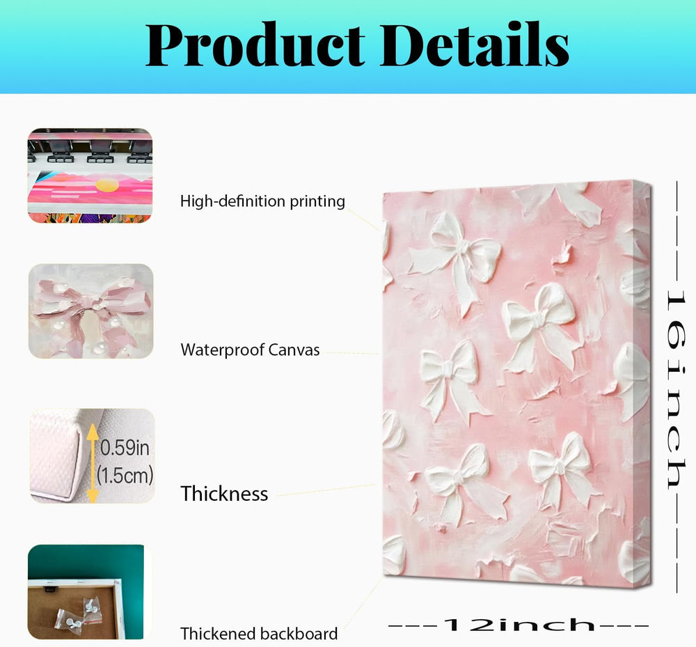 Pink Bow Canvas Wall Art Set of 3 Coquette Oil Painting Cute Bow Posters Wall...