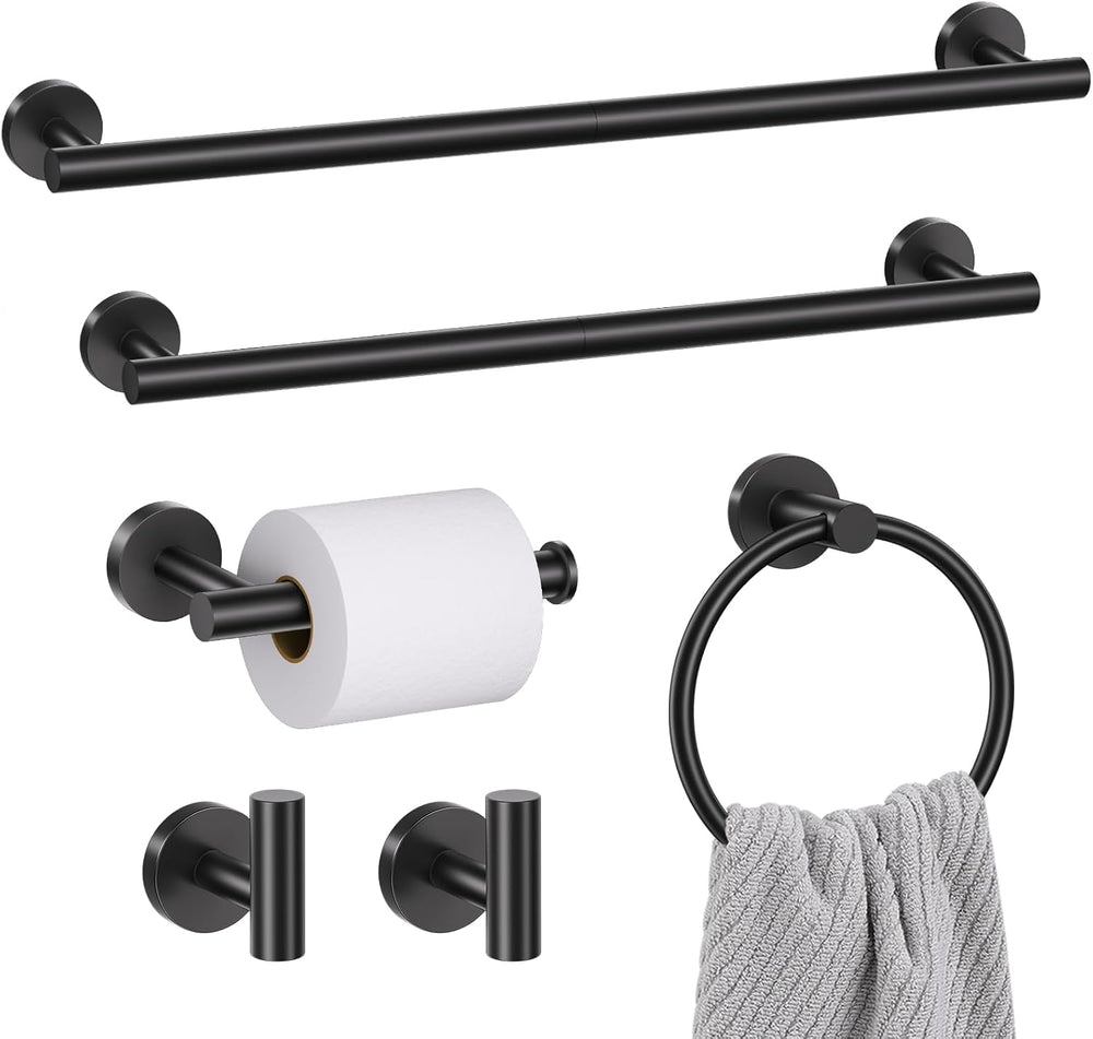 6 Pieces Matte Black Towel Bar Bathroom Hardware Set, 23.6Inch Matte Black Ba...