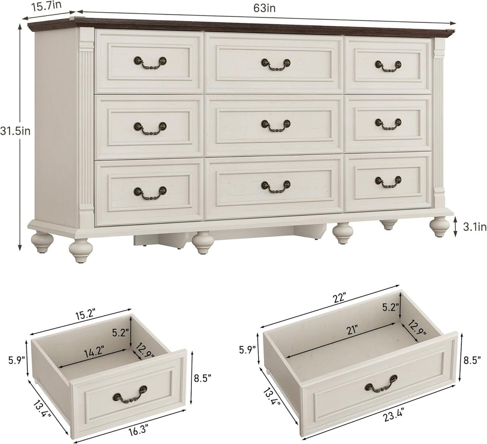 St.Mandyu Farmhouse 9 Drawer Dresser for Bedroom with 6 Gourd Feet and Roman ...
