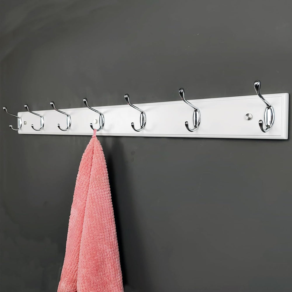 Wooden Wall Mounted Coat Rack – 35 Inch, White with 7 Silver Hooks for Entryw...