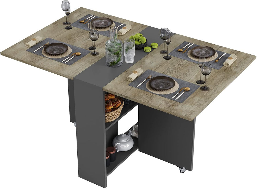Tiptiper Folding Dining Table with 2 Storage Racks, Drop Leaf Table with 6 Wh...