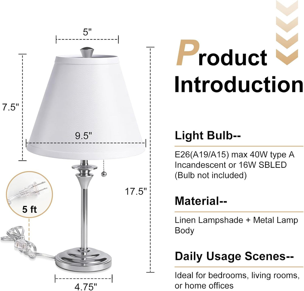 Metal Table Lamp for Bedroom, Pack of 2, Silver Base (Bulb Not Included)