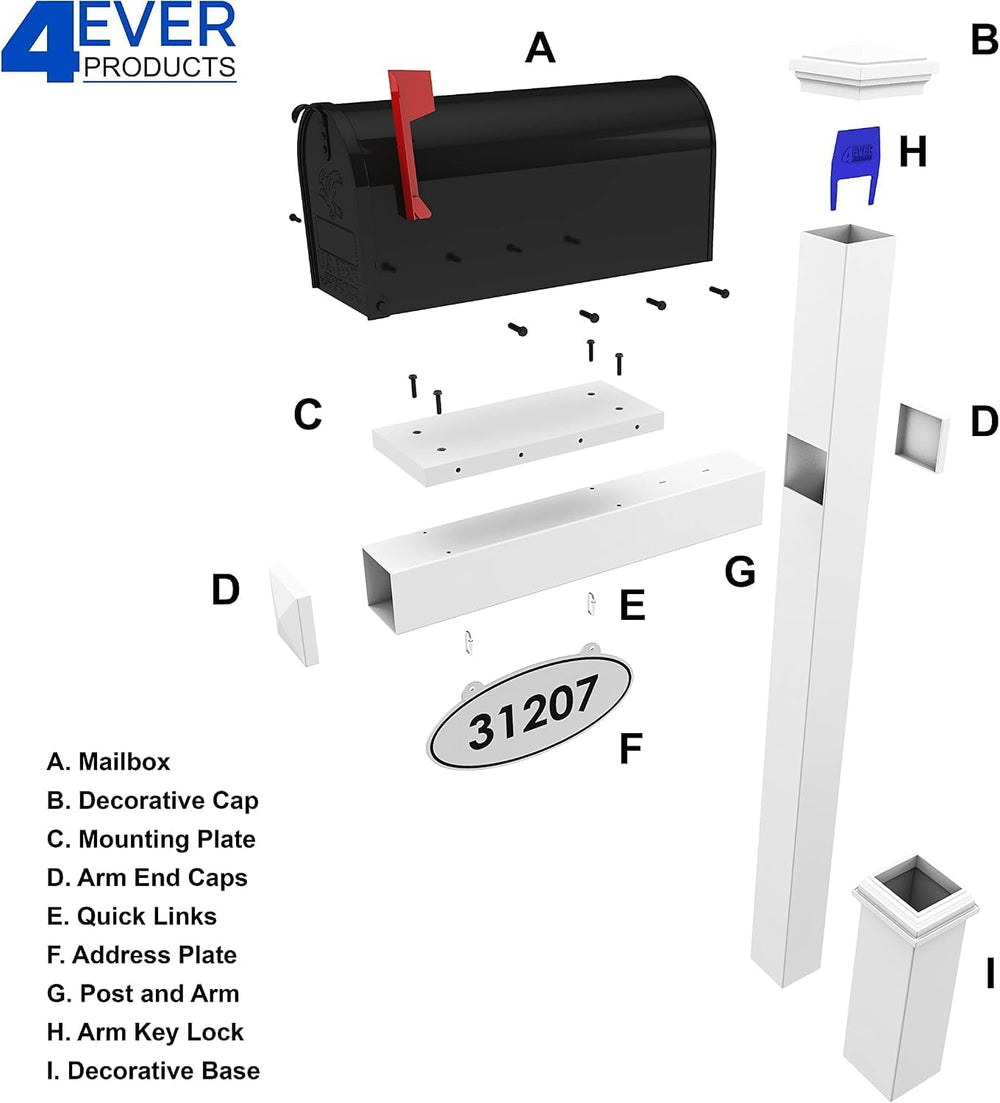 4Ever Products White Vinyl Mailbox Post System with Black Steel Mailbox