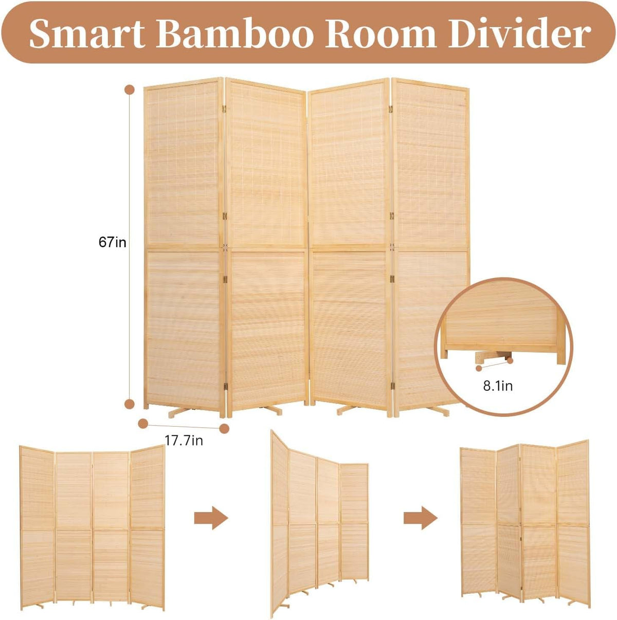 Room Divider Folding Privacy Screens,Hand-Made Natural Bamboo Room Dividers