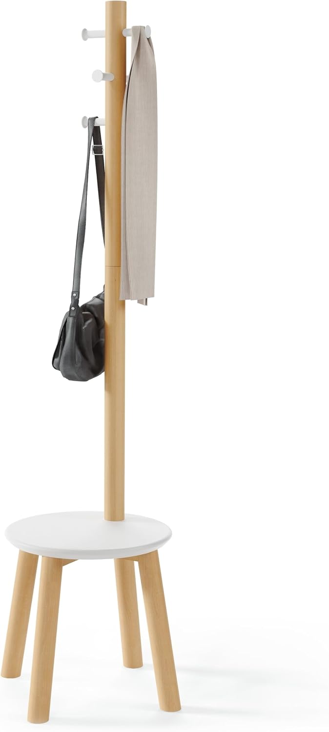 Umbra Pillar Coat Rack with Stool, Freestanding 6 Hooks, White/Natural