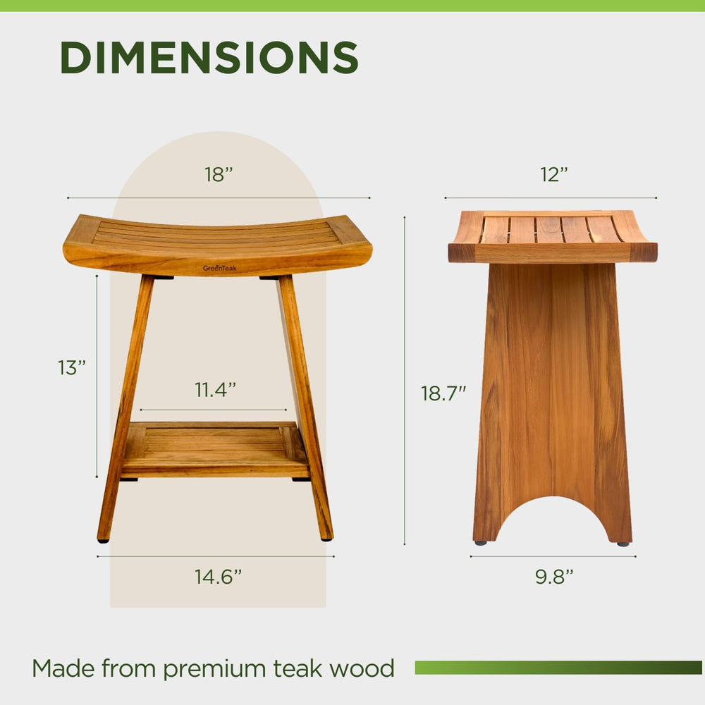 Premium 18" Teak Shower Bench, Non-Slip Safety, 2-Tier - Curved