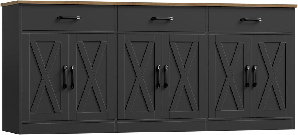 HOSTACK 71"W Farmhouse Kitchen Sideboard Buffet Cabinet with Storage, Black