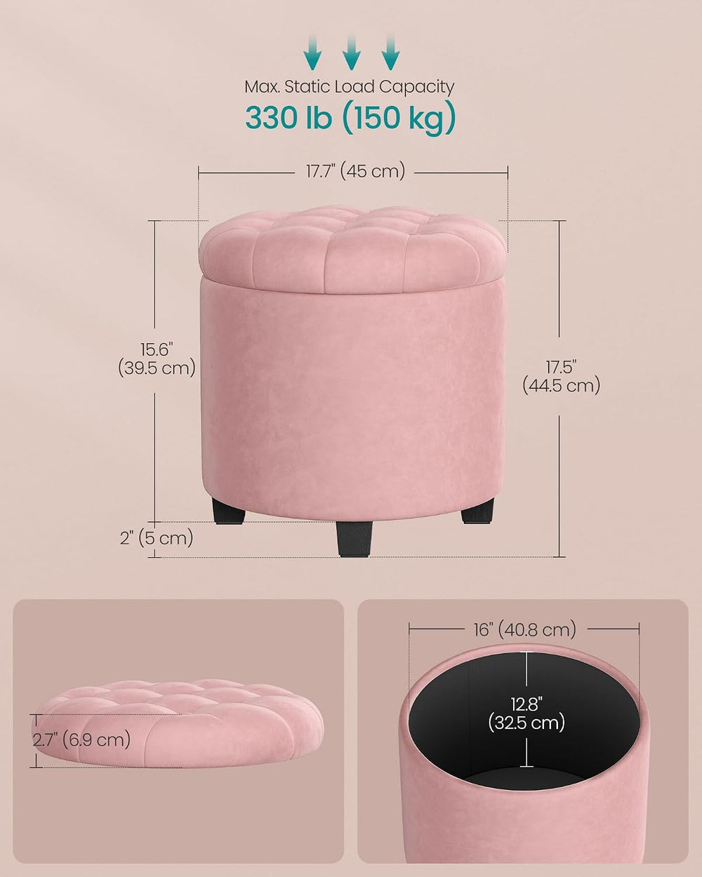 SONGMICS Vanity Stool, Round Ottoman with Storage, Velvet