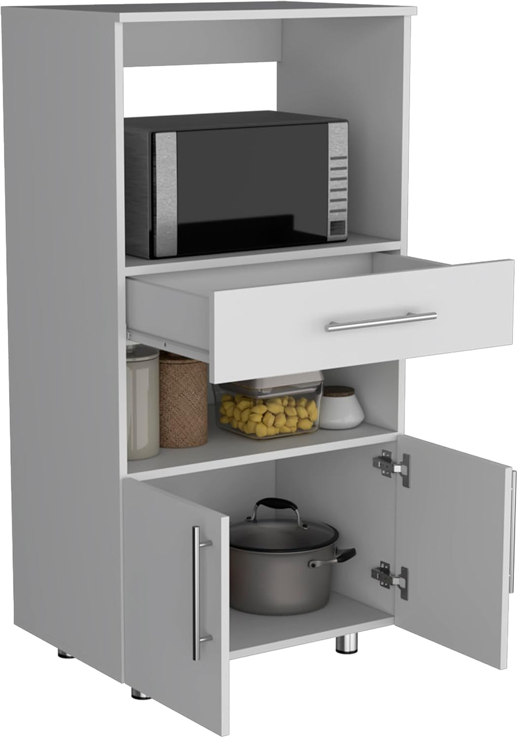 Pantry Cabinet with Microwave Stand, Multi-Functional Design Featuring a Drawer and Two Doors, for Kitchen Organization and Storage Solutions