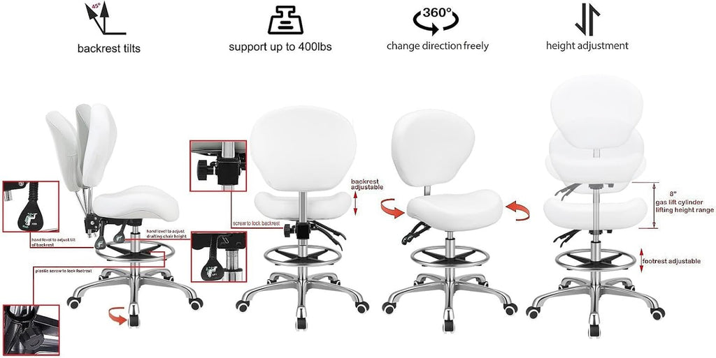 Kaleurrier Adjustable Stools Drafting Chair: with Back Support & Foot Rest