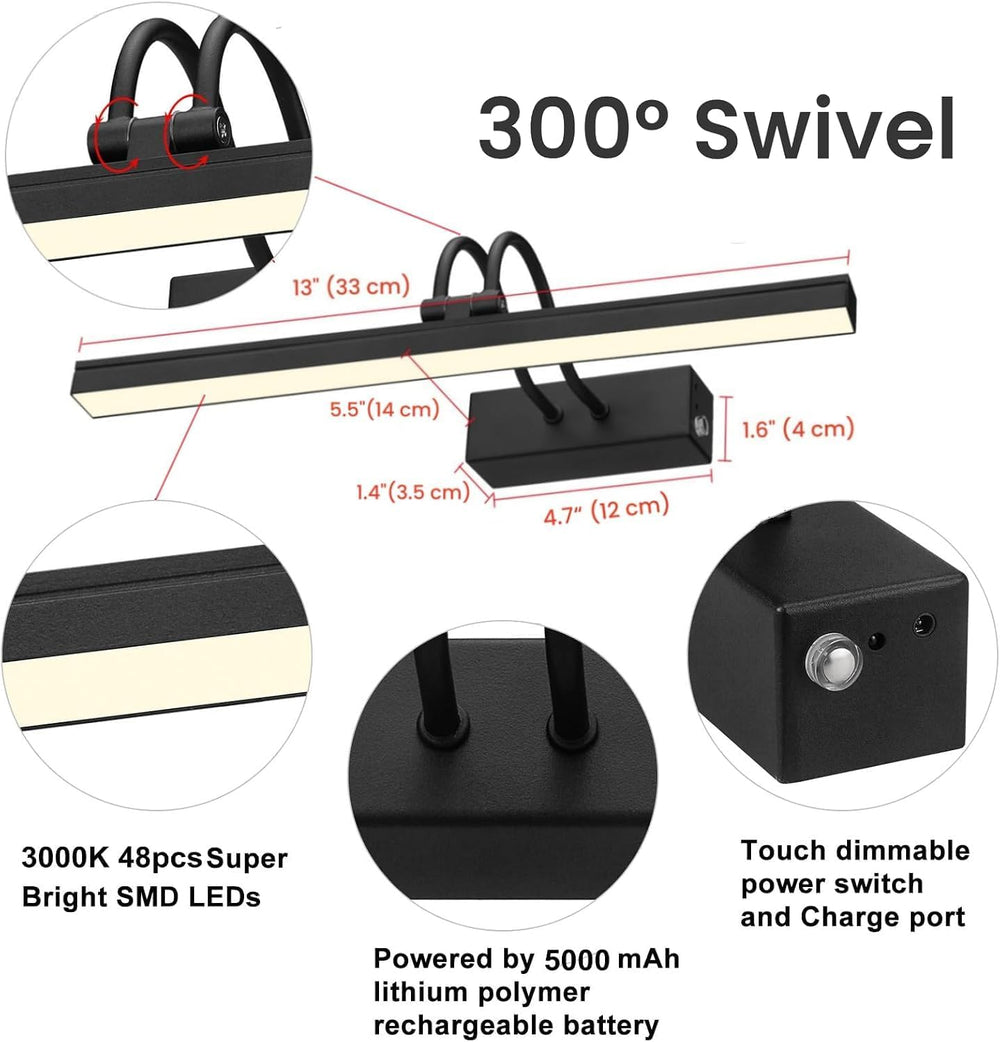 Rechargeable Picture Light with Remote, 13", Black