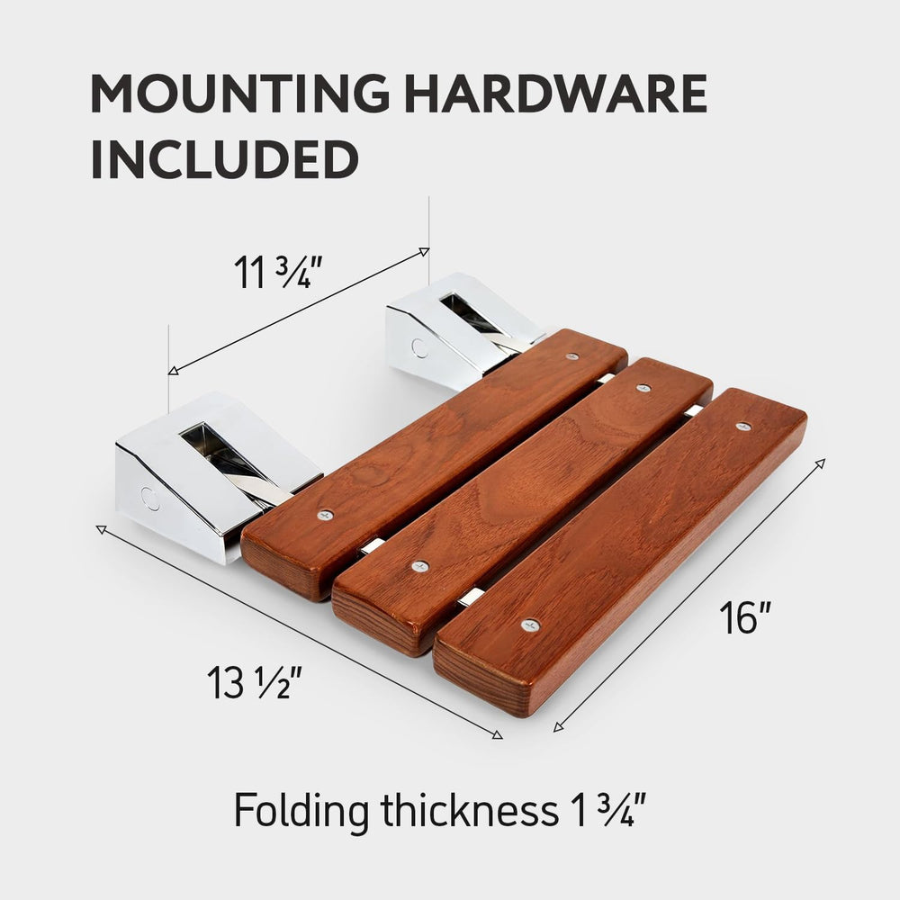 Folding Shower Seat - Wall Mounted - 16 Inch - Fold Down - Teak