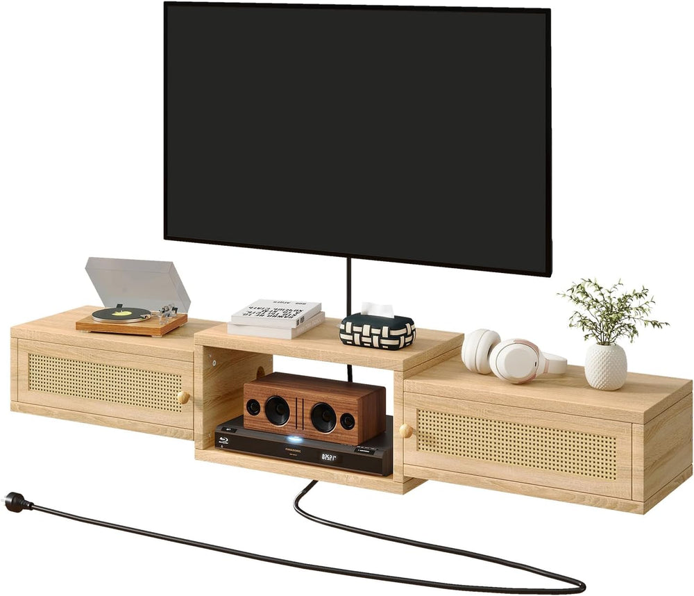 IBUYKE Modern Rattan Floating TV Stand with Doors,Wall Mounted TV Shelf for T...