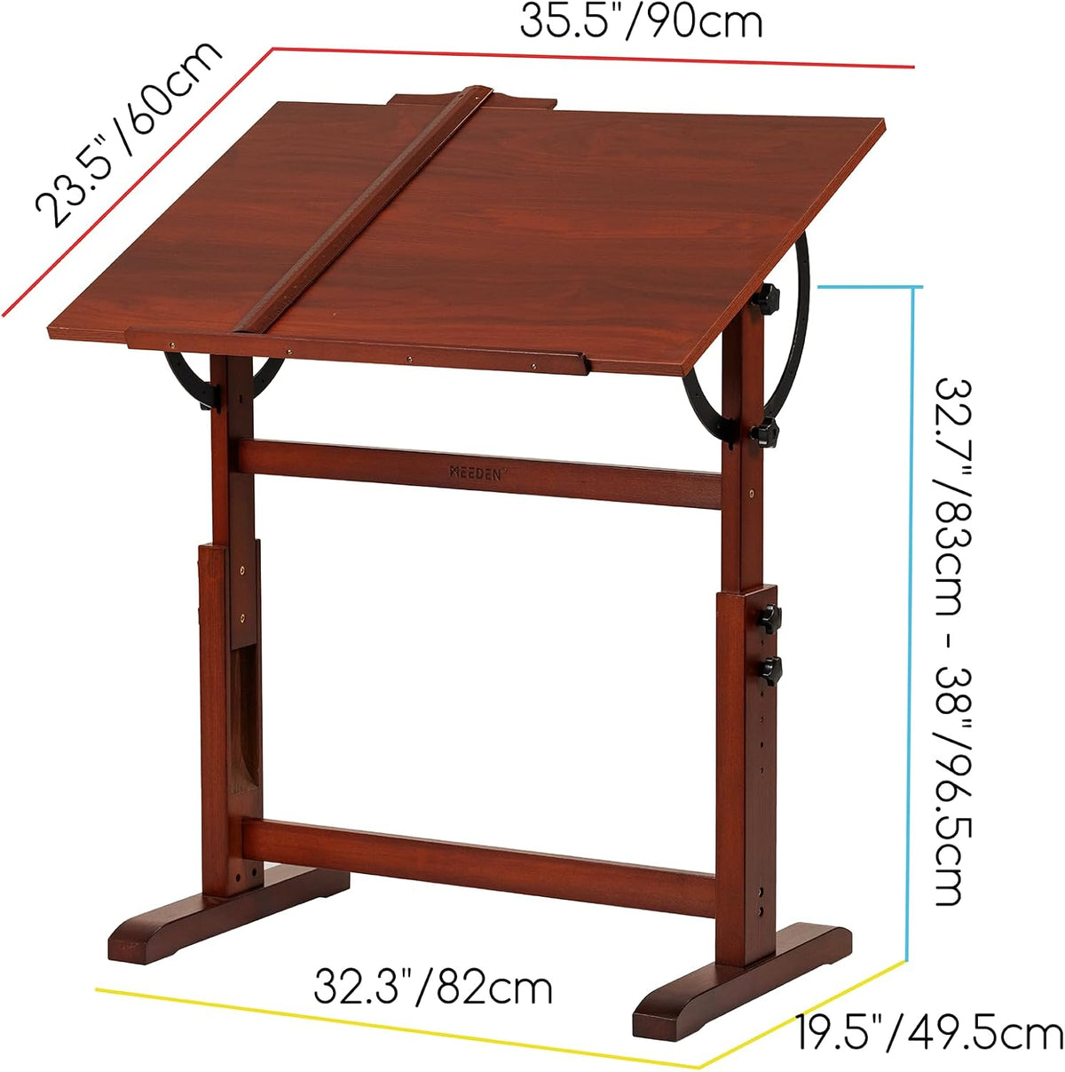 meeden vintage wooden drafting table: 35.5" x 23.5", close-up detail