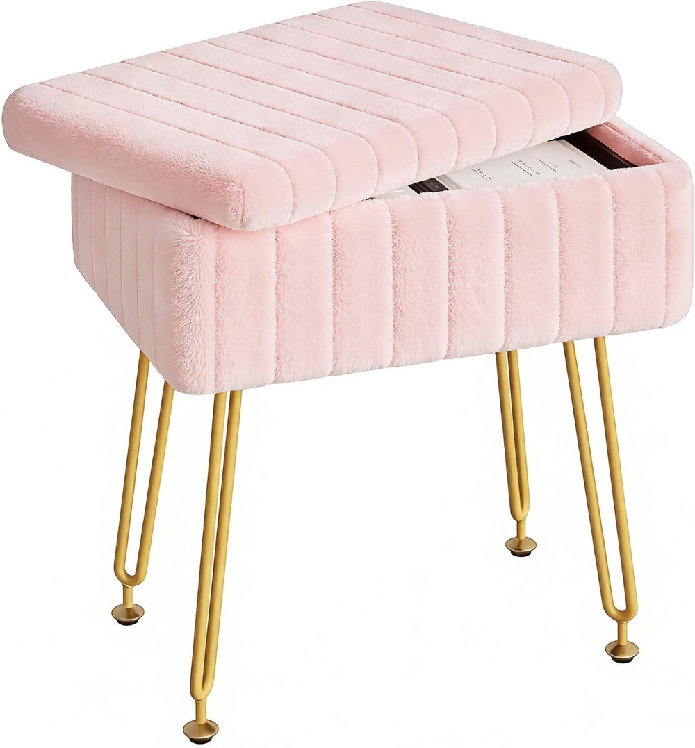 Somdot Vanity Stool Chair with Storage, Furry Padded Seat, Makeup Stool