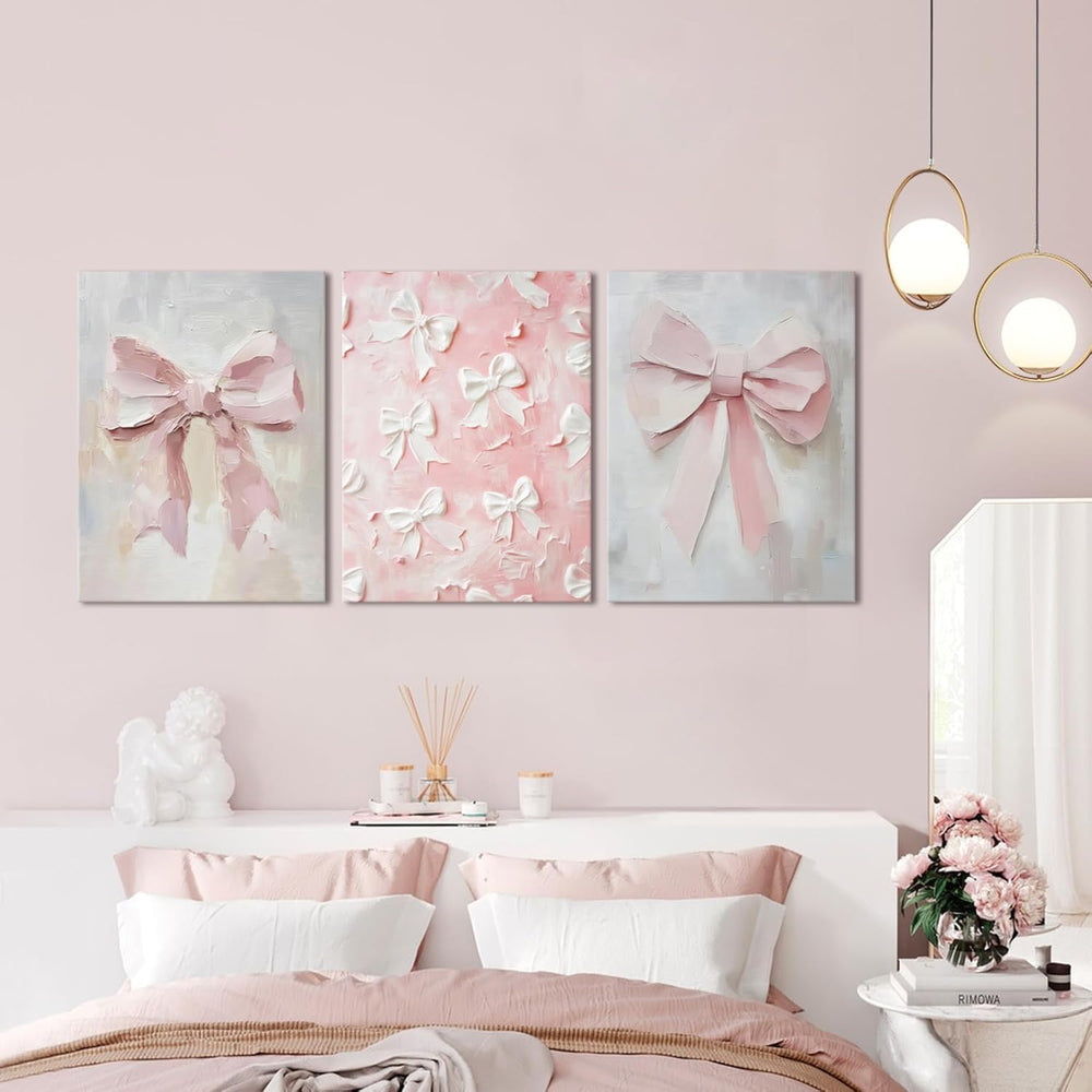 Pink Bow Canvas Wall Art Set of 3 Coquette Oil Painting Cute Bow Posters Wall...