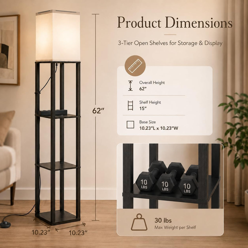 Solid Wood Floor Lamp with Shelves, Dimmable, Remote, for Living Room