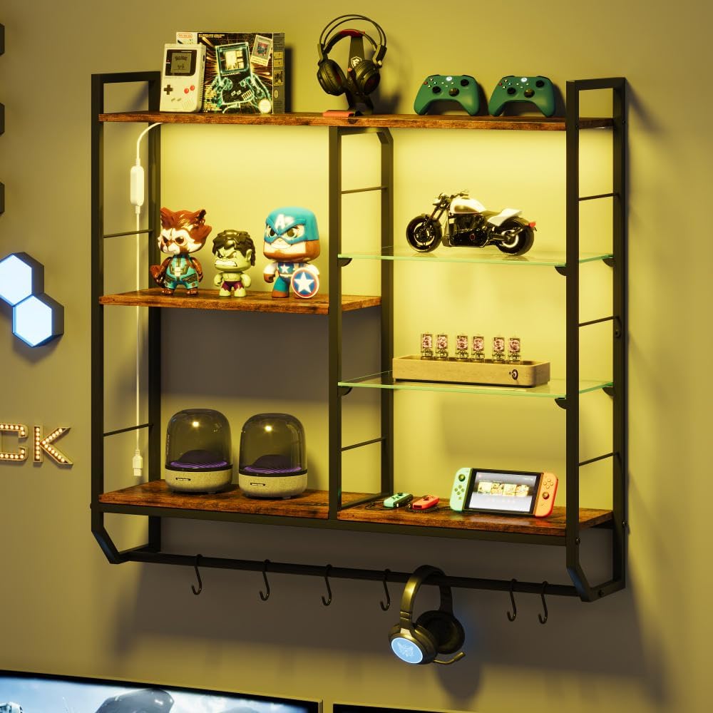 EYCOAL Gaming Floating Shelves, Wall Mounted Wooden Decor Display Shelf with ...