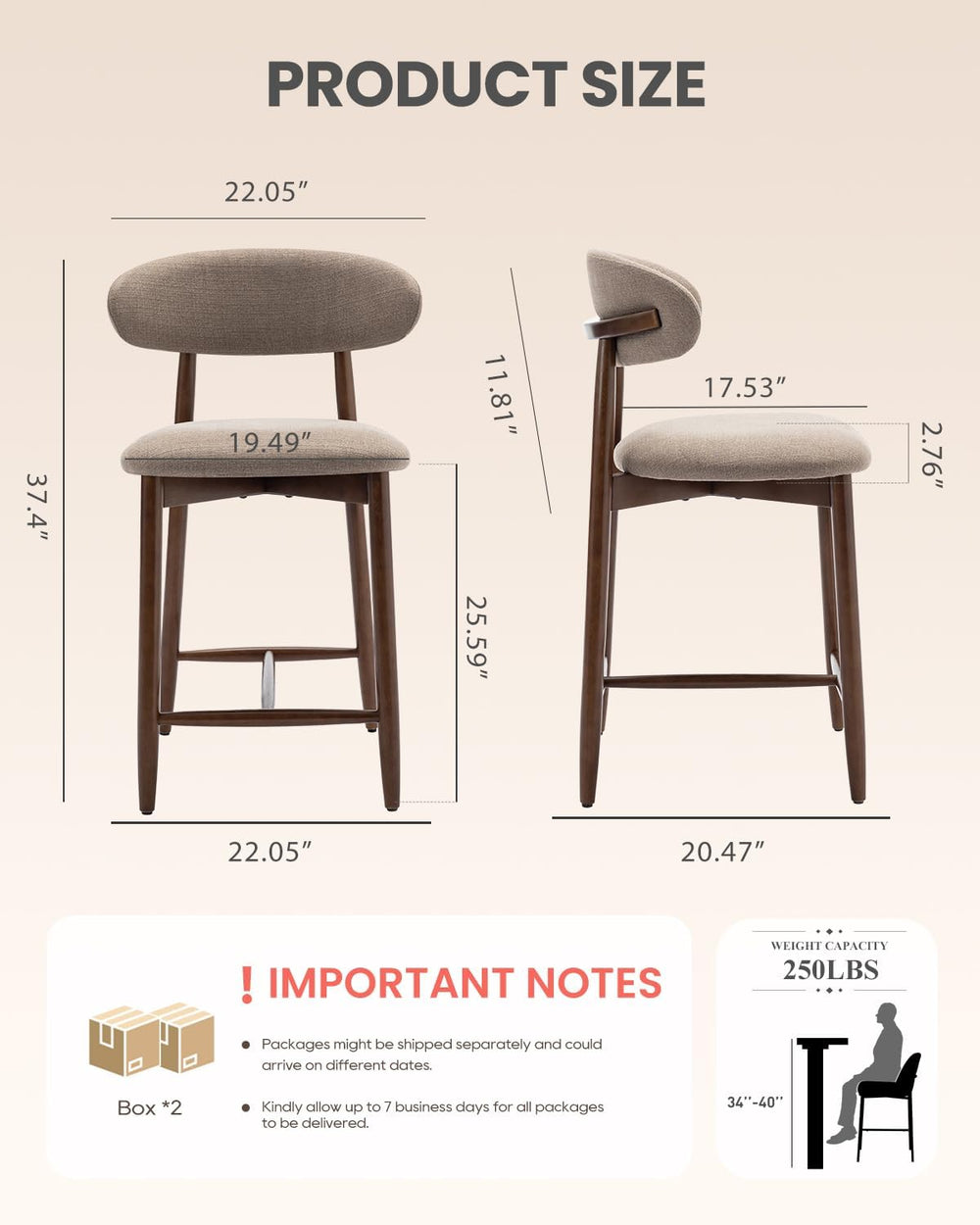 Bar Stools Set of 3, 25.6″ Counter Height Bar Stools with Wood Legs