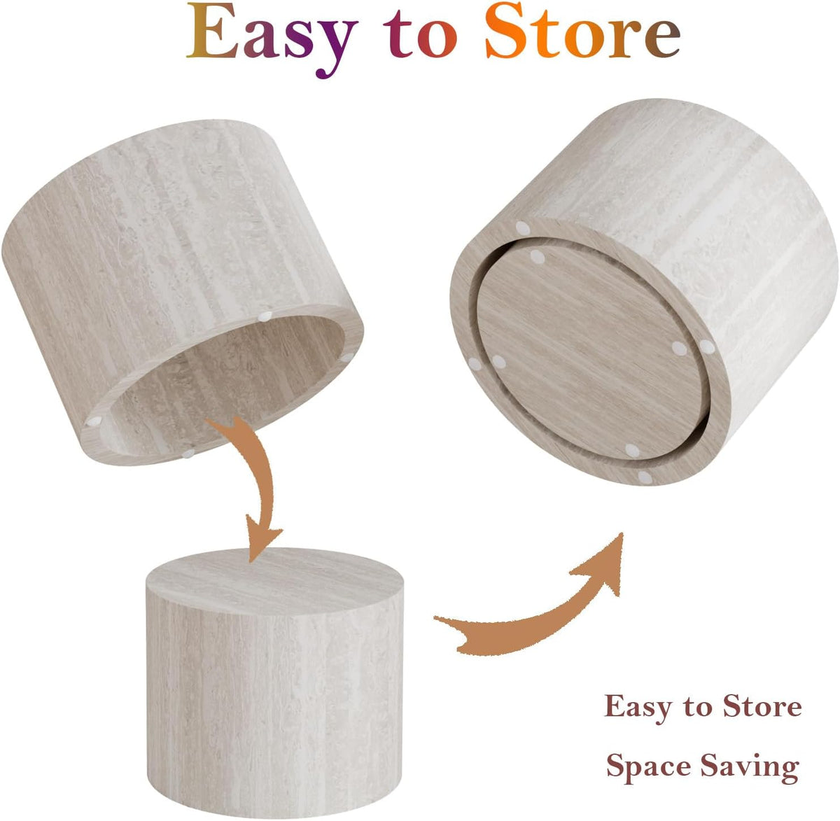Round Travertine Coffee Table Set of 2 (C 18.1+14.6in) | Modern Stripe Circle Nesting Side Tables | No Assembly | for Living Room Balcony Yard
