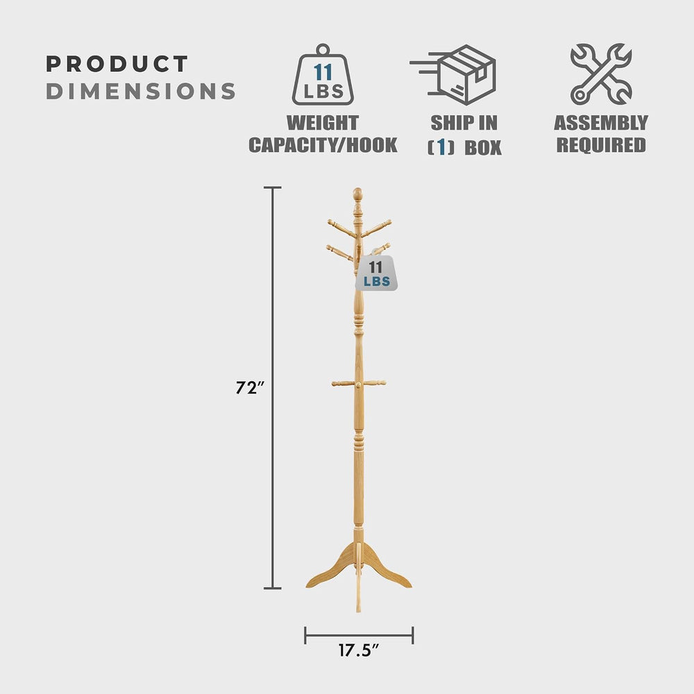 Lexicon Wooden Coat Rack Stand, 3-Tier, 10 Hanging Hooks, Natural