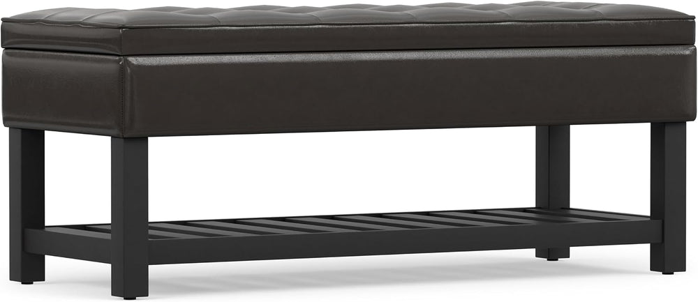 SIMPLIHOME Cosmopolitan 44" Wide Vegan Leather Storage Ottoman in Brown