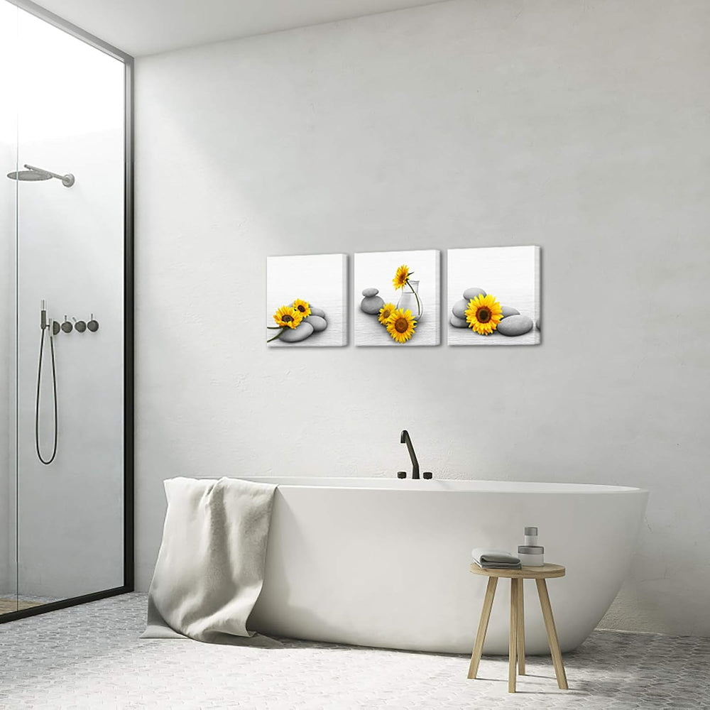 Biuteawal Sunflower Canvas Wall Art 3 Pieces Yellow and Grey Painting Relaxin...
